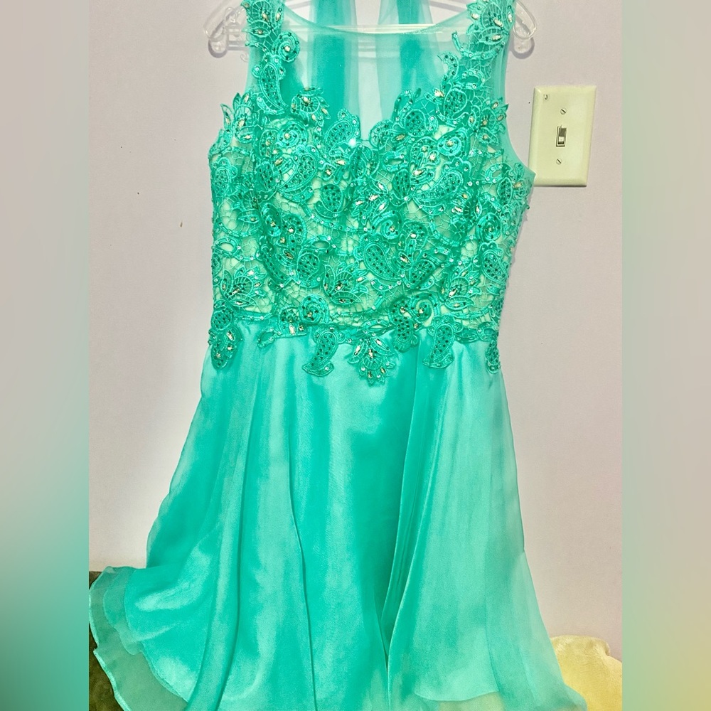 Turquoise Lace embroidered Prom dress